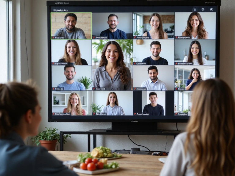 A diverse group of people participating in an online nutrition webinar, engaging with a speaker and each other on their screens.